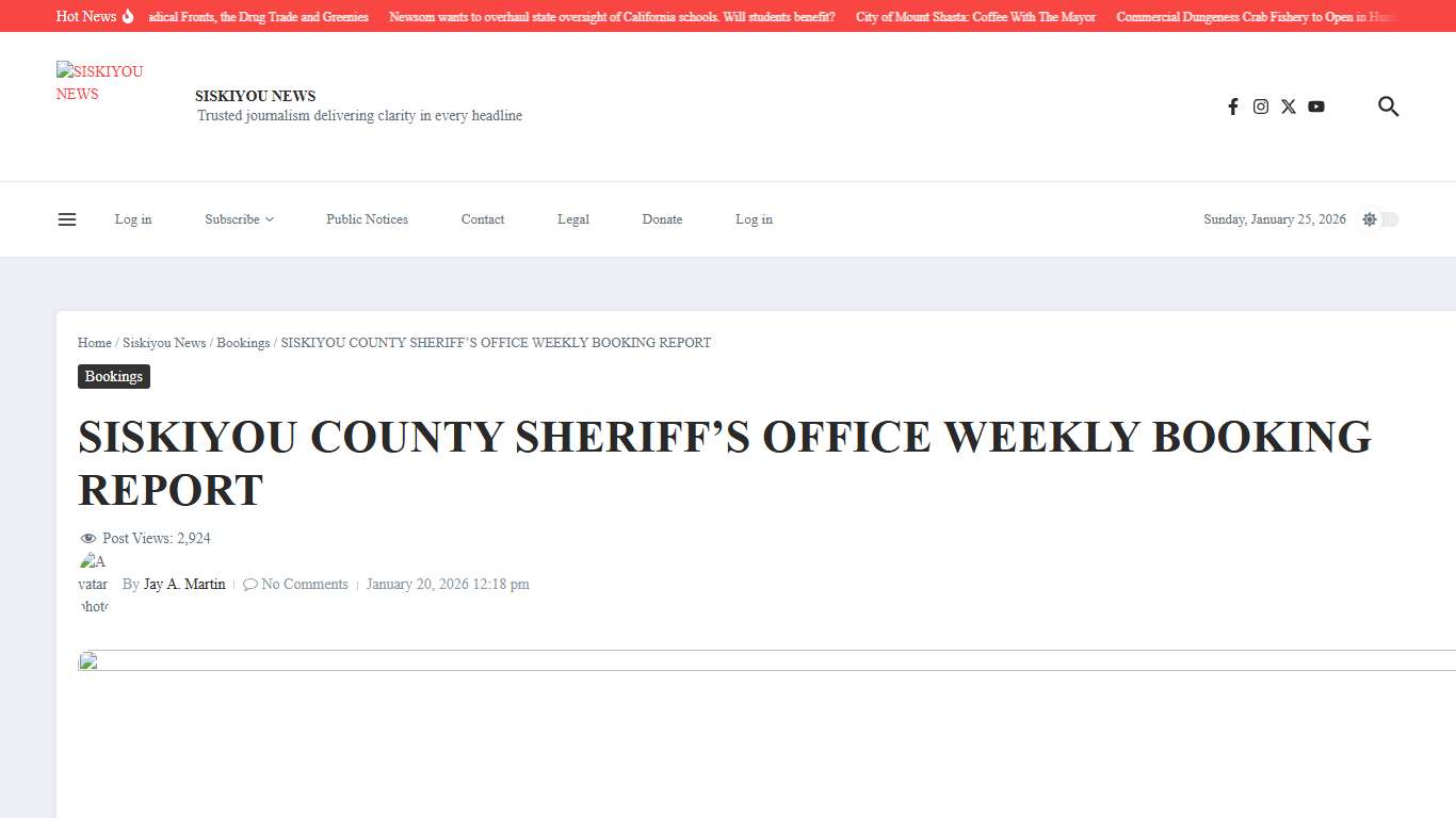 SISKIYOU COUNTY SHERIFF’S OFFICE WEEKLY BOOKING REPORT – SISKIYOU NEWS